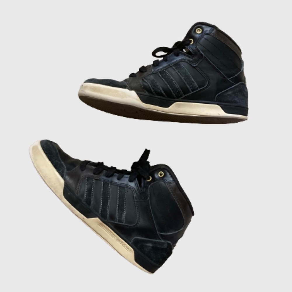 2014 adidas raleigh mid luxe black and brown leather and suede sneakers